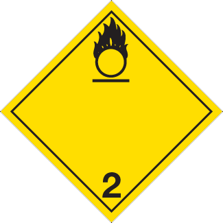 Oxidizing Gas Placard, Dangerous Goods class 2.2(5.1) placard, yellow 2 hazmat diamond, oxygen placard