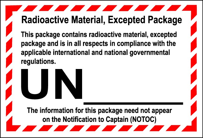 radioactive material excepted package label, radioactive excepted quantity label, radioactive UN2911 label, radioactive UN2910 label