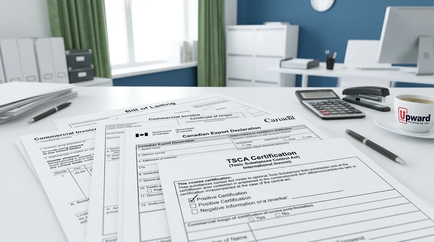 Export and import paperwork prepared by Upward Packaging: bill of lading, commercial invoice, Canadian Export Declaration and TSCA certification documents