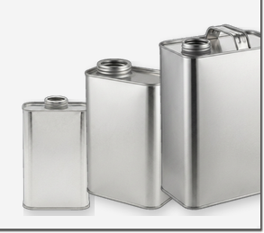 F-Style rectangular tin cans in 16 oz, 32 oz, and 128 oz sizes